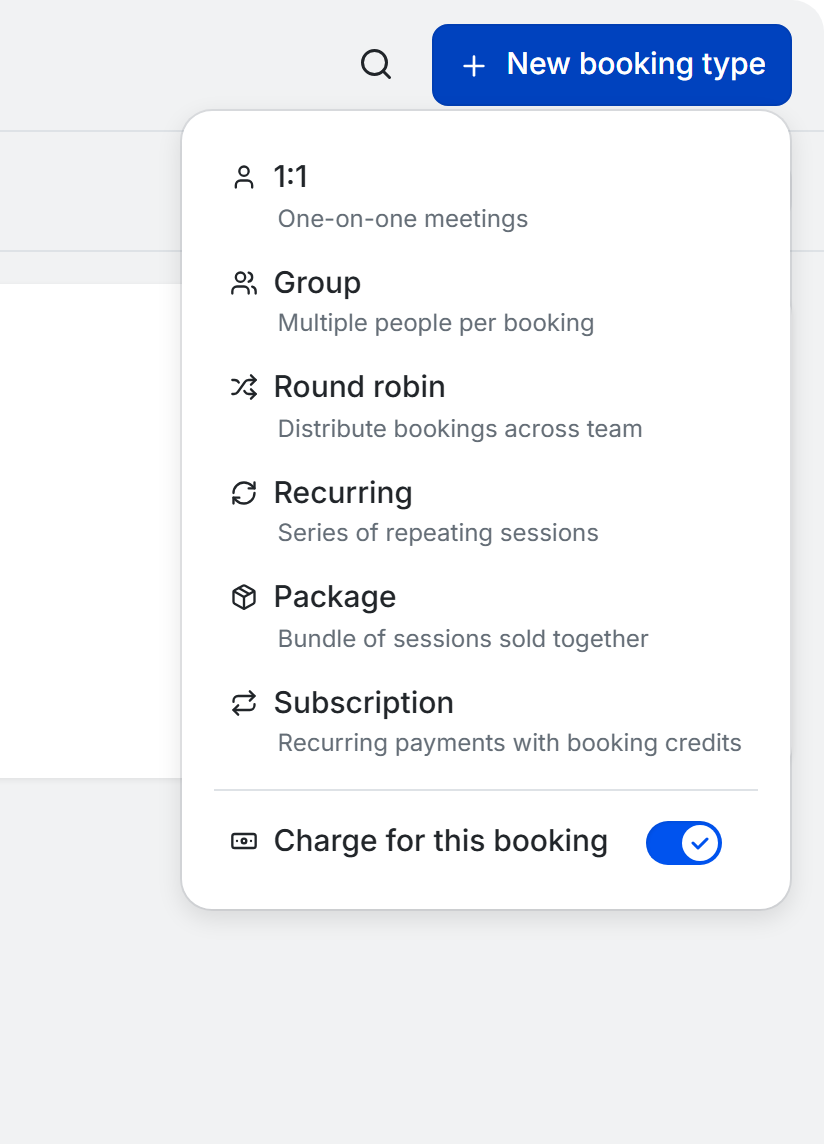 TidyCal team Booking Types page showing creation dropdown with 1:1 Group Round Robin Recurring and Package options