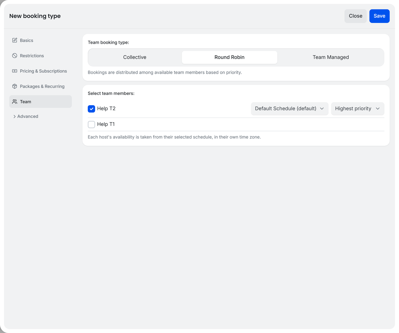 TidyCal round-robin booking type editor Team tab showing Collective Round Robin and Team Managed options with team member priority