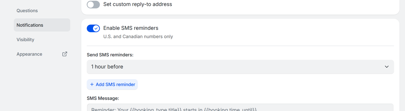 TidyCal Notifications tab showing Enable SMS reminders toggle ON with timing dropdowns and SMS message template field