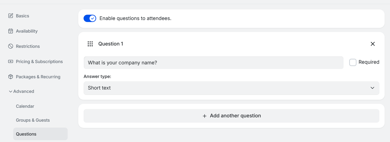 TidyCal booking type editor Questions tab showing Generate questions with AI button