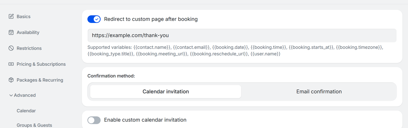 TidyCal booking type editor Notifications tab showing Redirect to custom page after booking toggle enabled with example URL
