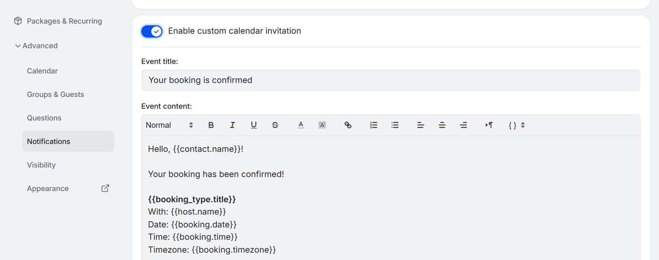 TidyCal email template editor showing template variables like contact name, booking date, time, timezone, and meeting URL