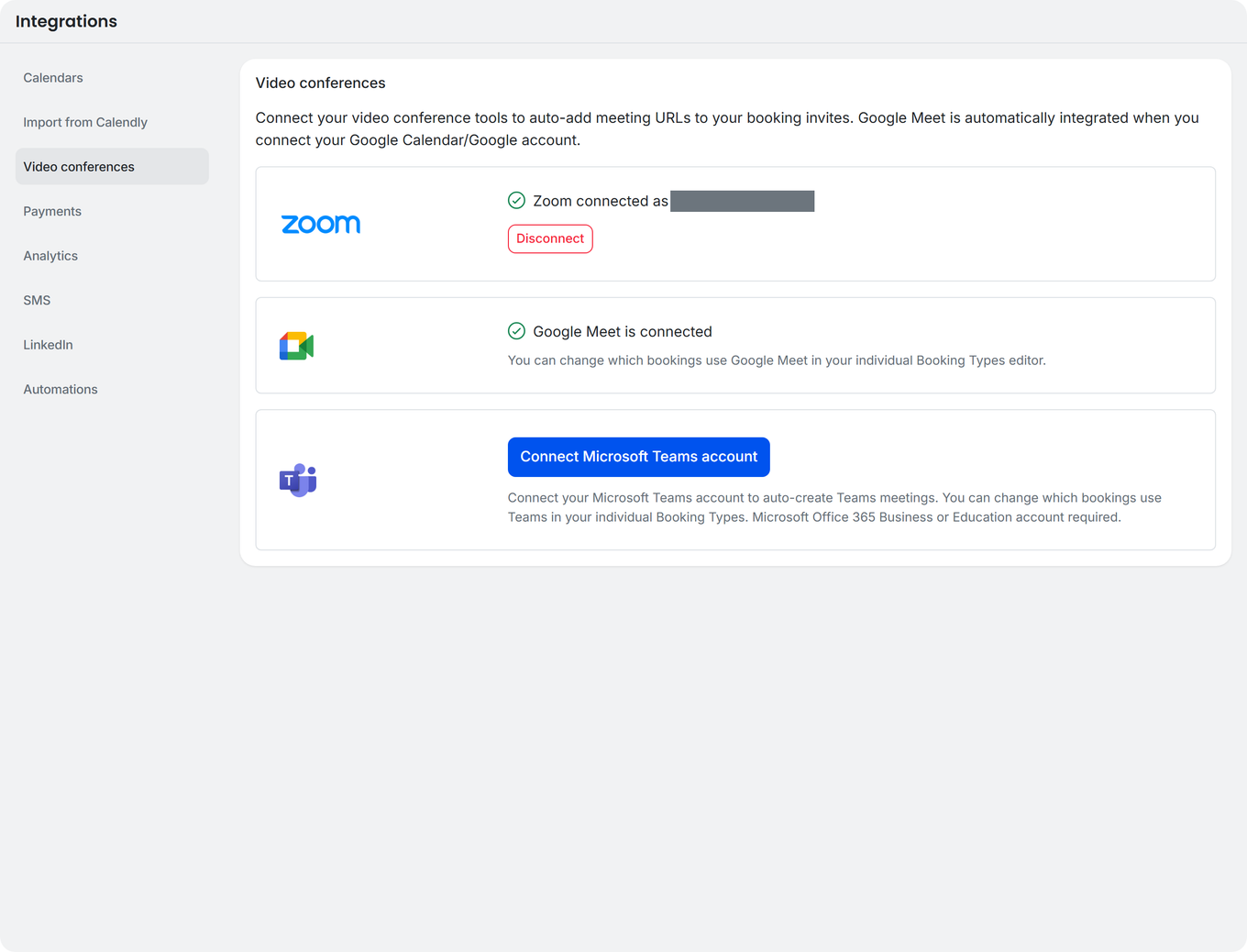 TidyCal Video Conferences integration page showing Zoom connected Google Meet connected and Microsoft Teams connection button