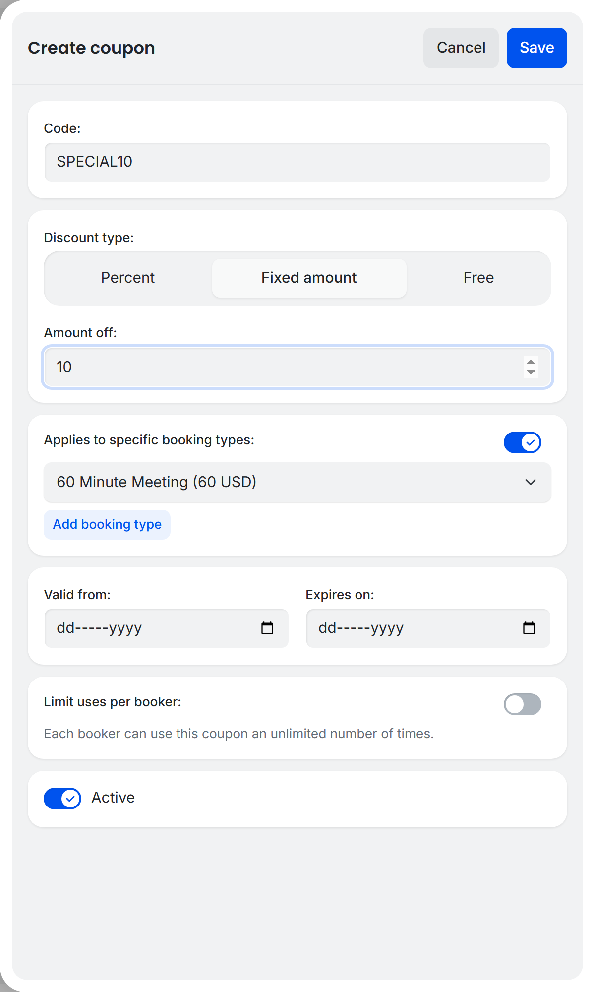 Coupon drawer showing Fixed amount 10 dollar discount scoped to specific booking types