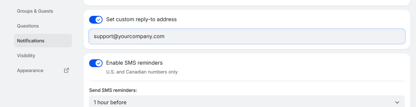 TidyCal Notifications tab showing Set custom reply-to address toggle enabled with email field