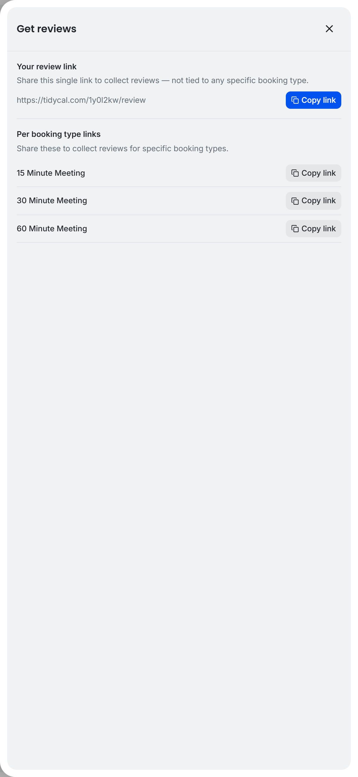 TidyCal Get reviews drawer showing user-level review link and per booking type review links with Copy link buttons