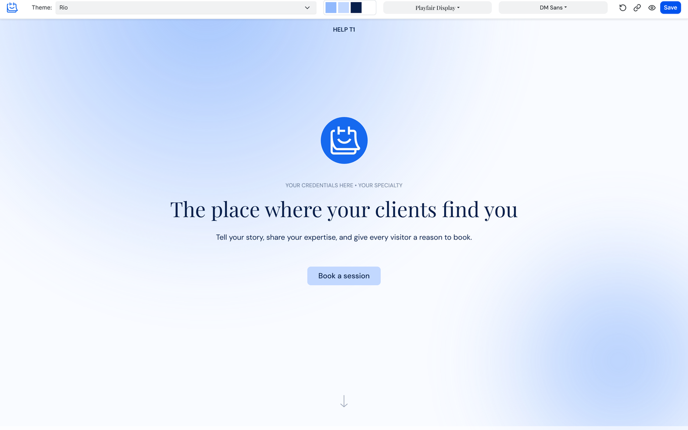 TidyCal Website editor with Rio theme applied showing blue gradient background and Playfair Display font