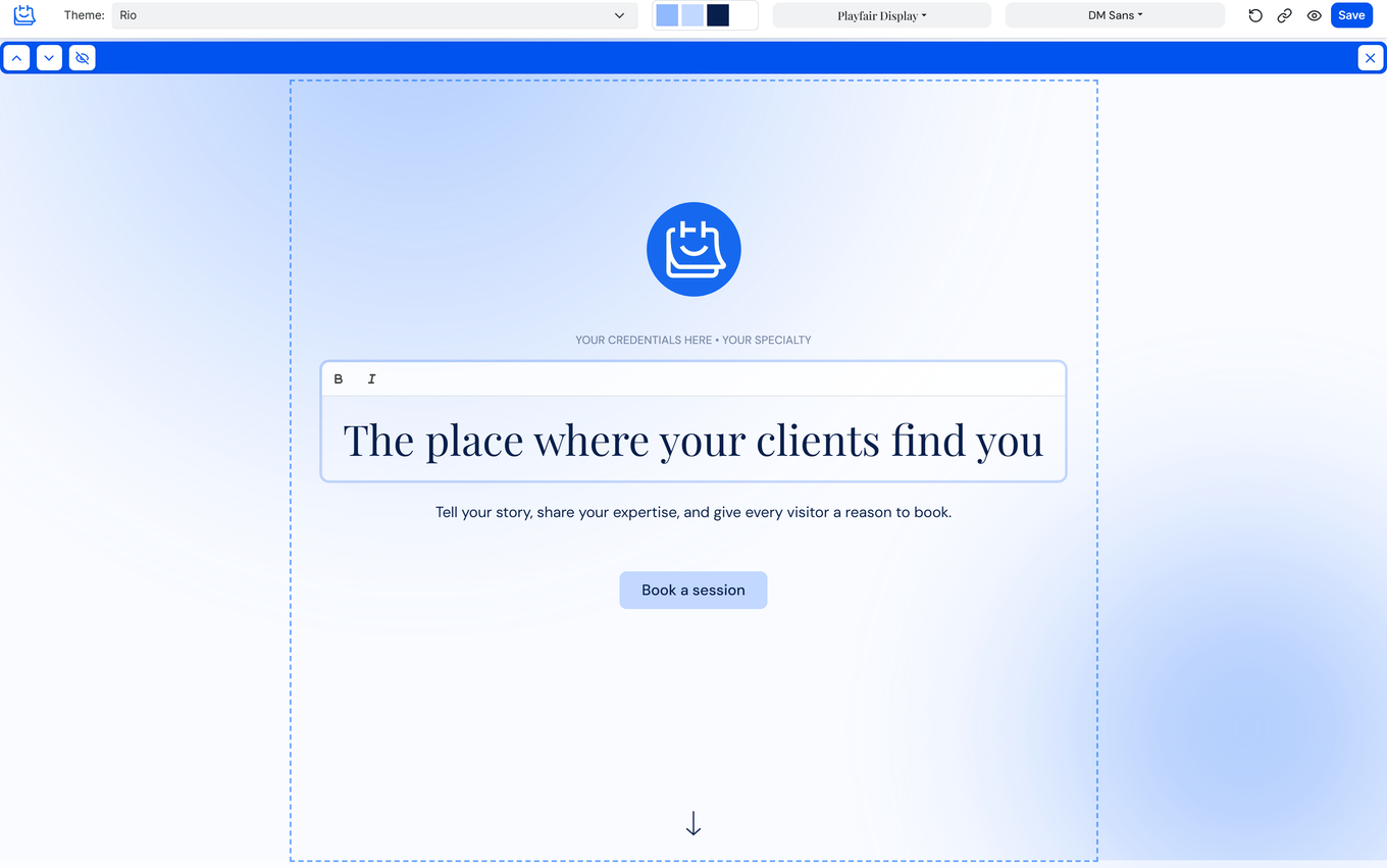 Website hero section in edit mode showing tagline, subtitle, and Book a session CTA button