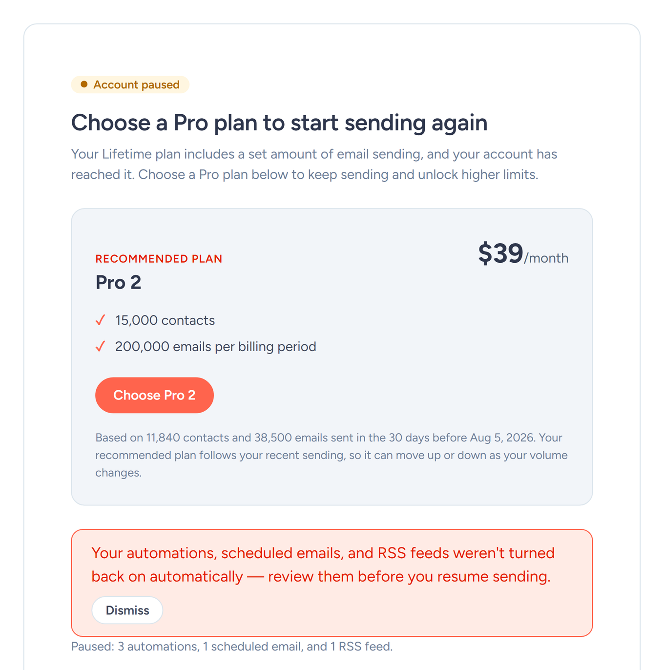 SendFox Account status page in the Account paused state, showing the recommended plan and a notice that workflows stayed off