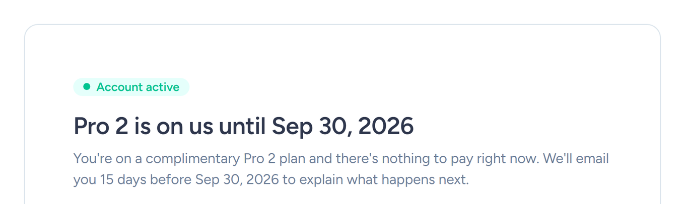 SendFox Account status page showing a complimentary Pro 2 plan that runs until a set date