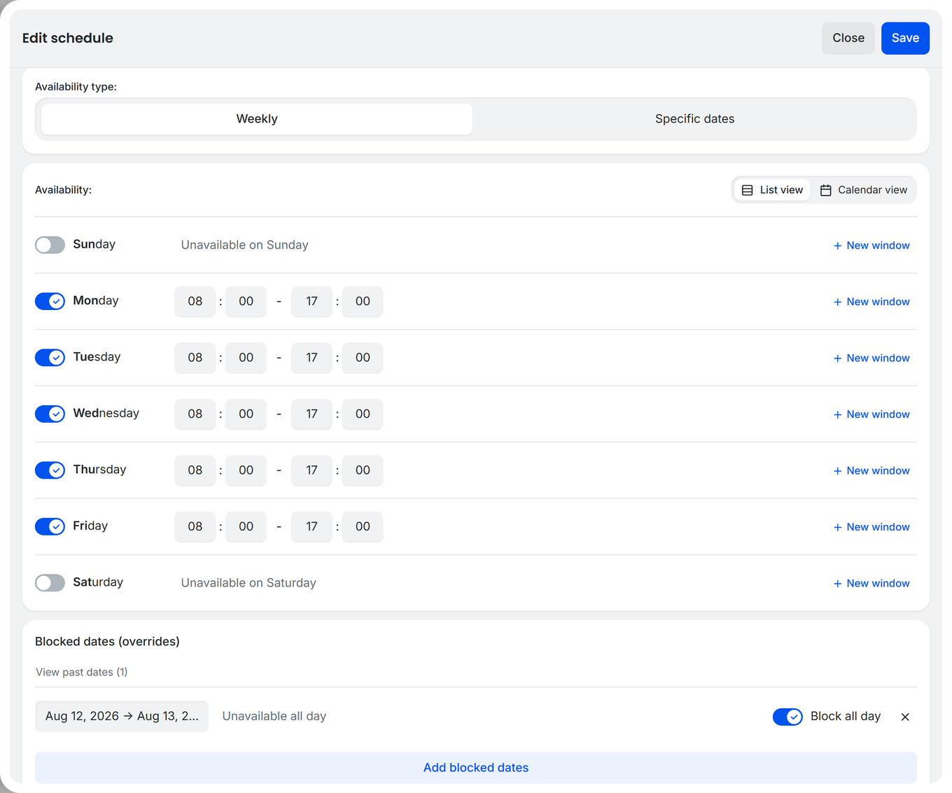 TidyCal schedule editor in Weekly view with a Blocked dates (overrides) entry blocking Jul 21 to 23