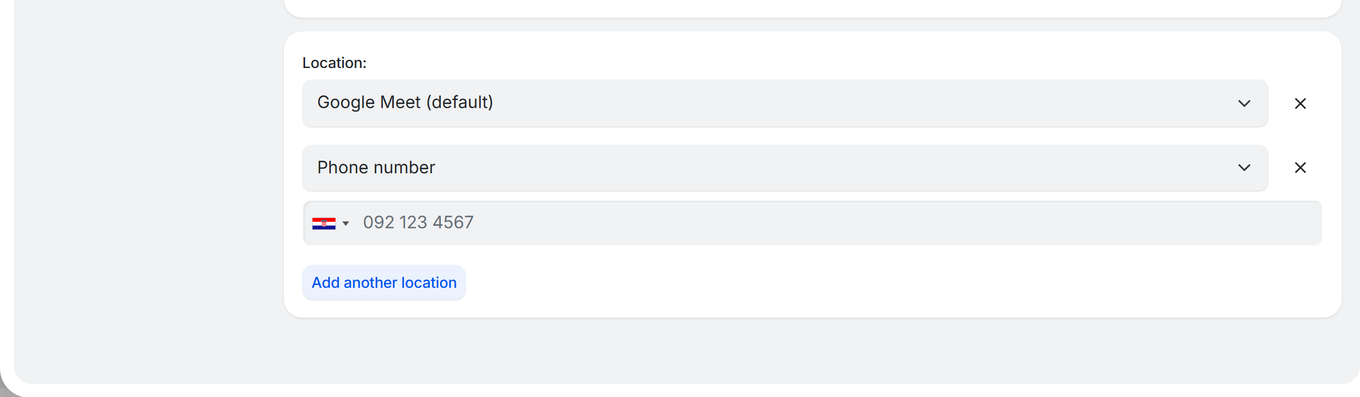 TidyCal booking type editor showing Location section with Google Meet as default and Phone number as second location