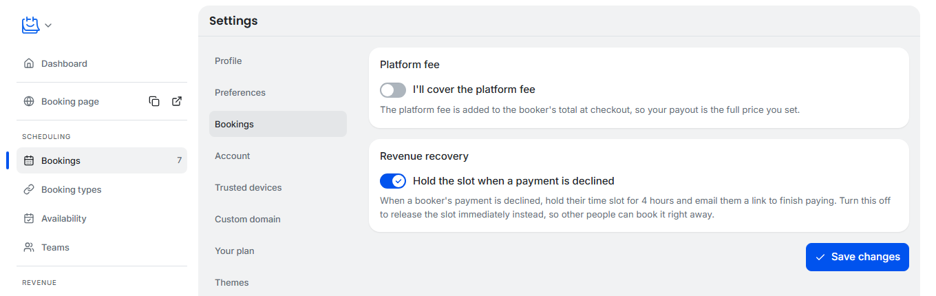 TidyCal Settings Bookings page showing the Platform fee and Revenue recovery cards