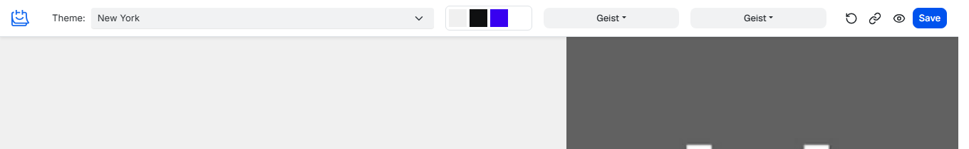 TidyCal Website editor toolbar with theme selector, color palette, font options, and Save button