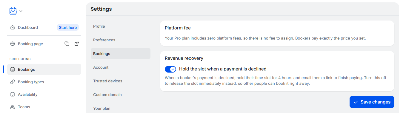 Platform fee card on a Pro account showing no toggle and confirming the plan includes zero platform fees