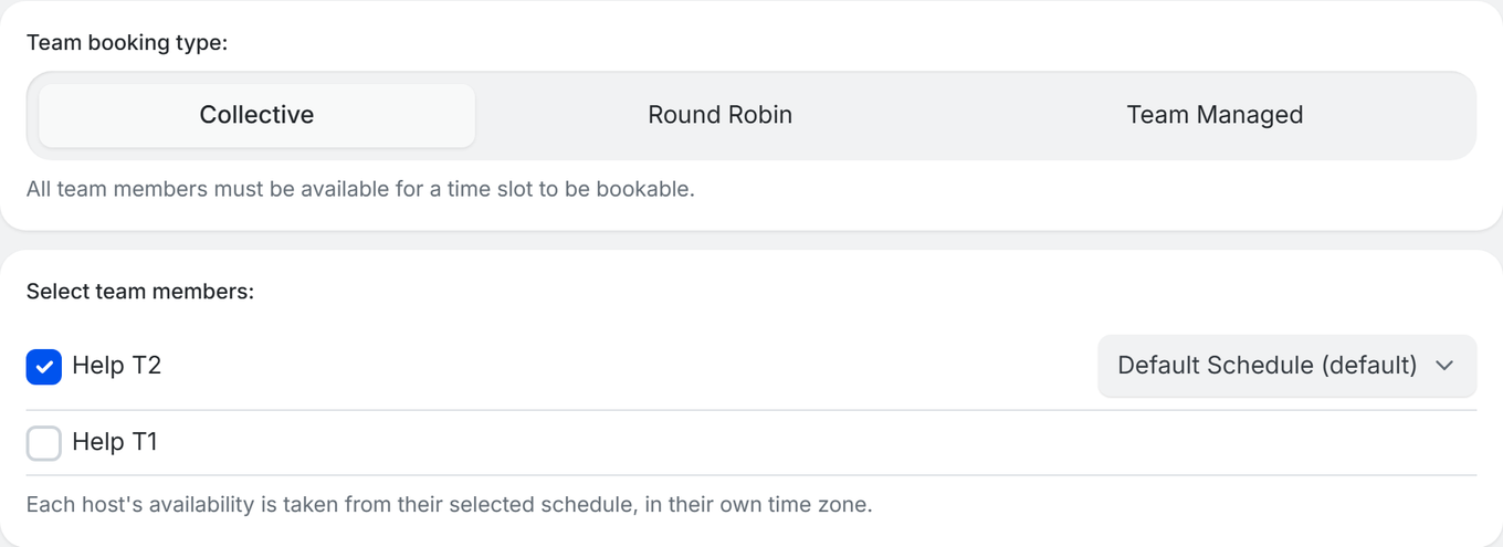 TidyCal Team tab with Collective selected: all team members must be available for a slot to be bookable