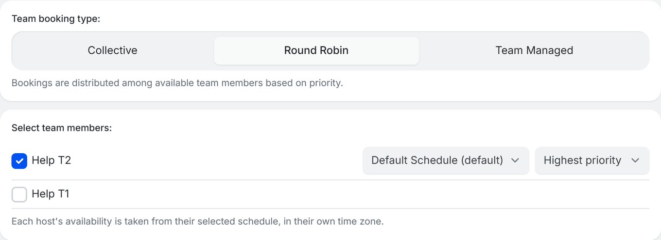 TidyCal Team tab with Round Robin selected, showing each host's schedule and priority dropdowns