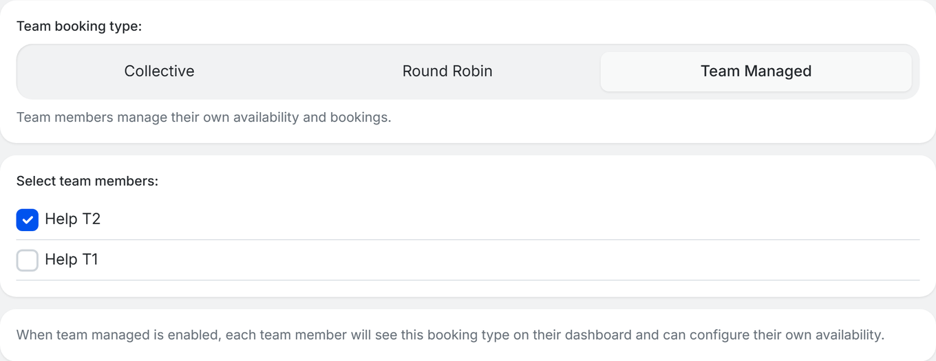 TidyCal Team tab with Team Managed selected: team members manage their own availability and bookings
