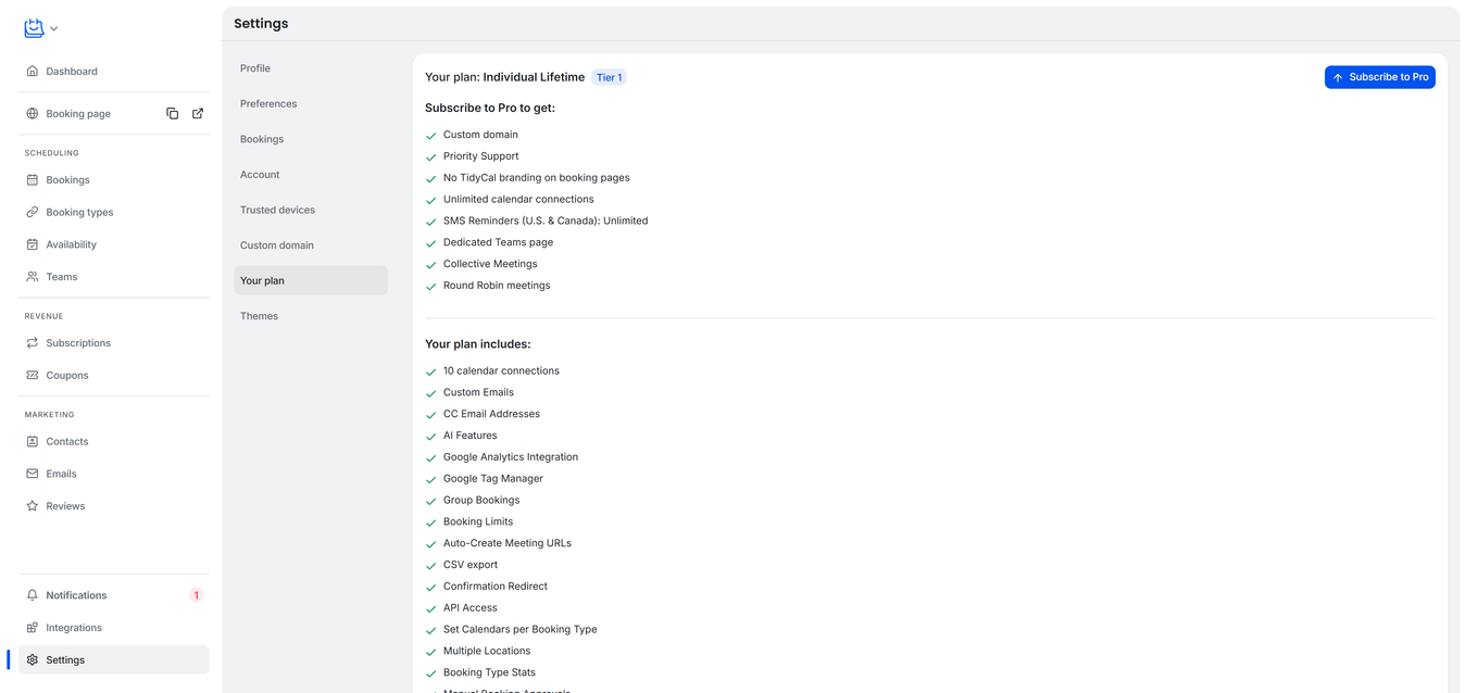 TidyCal Settings Your plan page showing Individual Plan features and upgrade option