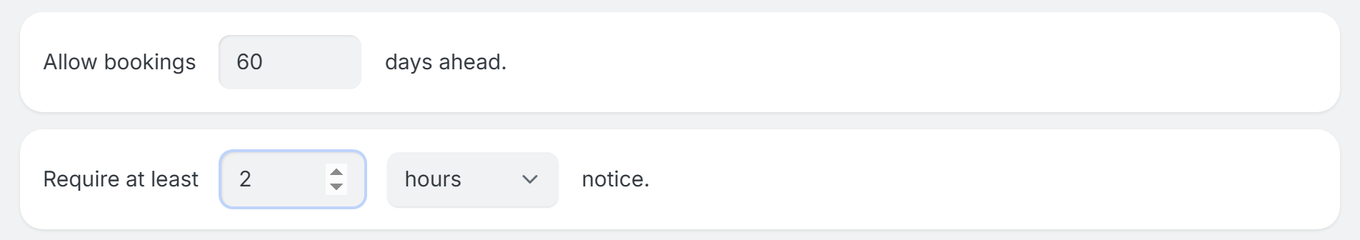 Restrictions settings set to Allow bookings 60 days ahead and Require at least 2 hours notice
