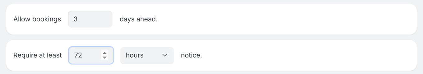 Restrictions settings set to Allow bookings 3 days ahead and Require at least 72 hours notice, leaving no bookable dates