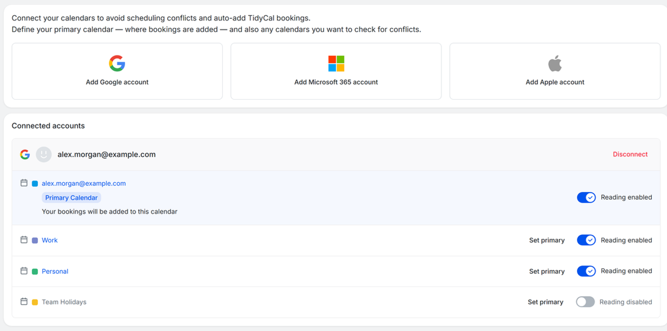 Integrations Calendars page with a connected Google account and calendars set to Reading enabled or disabled