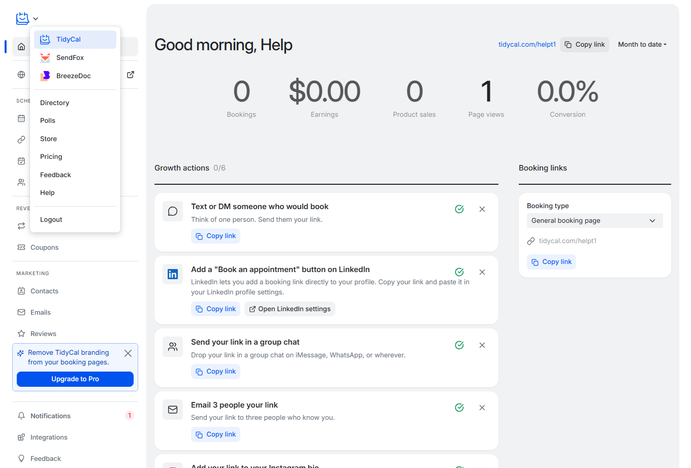 TidyCal logo menu open, showing Directory, Polls, Store, Pricing, Feedback and Help