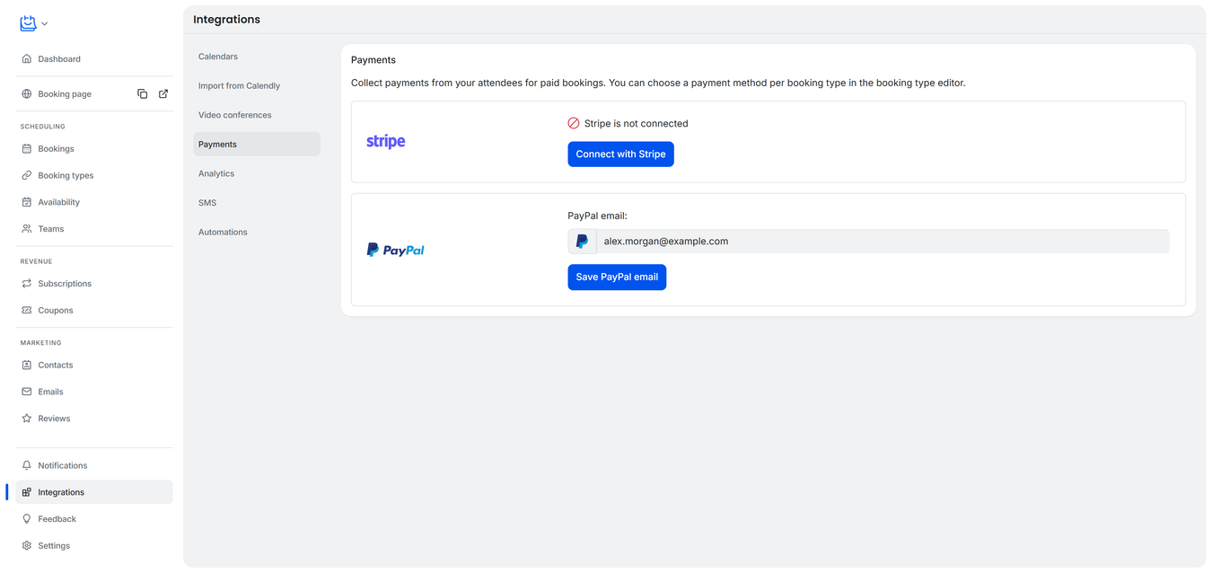 TidyCal Integrations page with Payments selected, showing Stripe not connected and a saved PayPal email