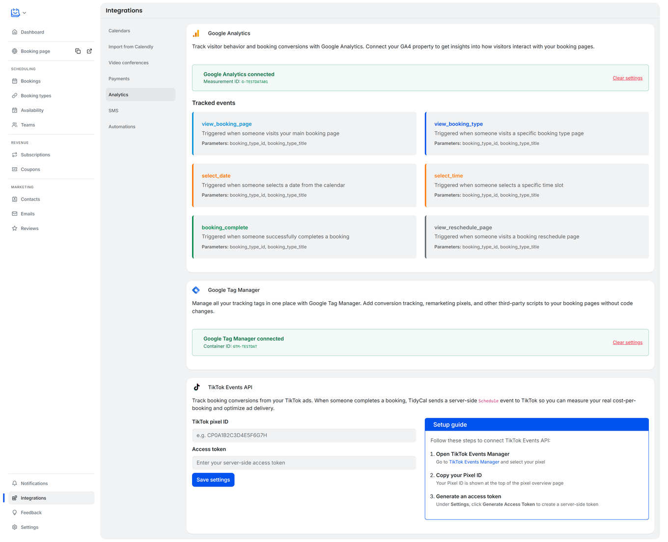 TidyCal Integrations page showing Google Analytics connected with measurement ID and six tracked events
