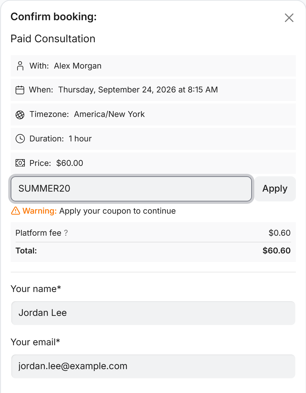 Confirm booking modal with coupon code SUMMER20 typed, Apply button, and the platform fee and total below the 60 dollar price