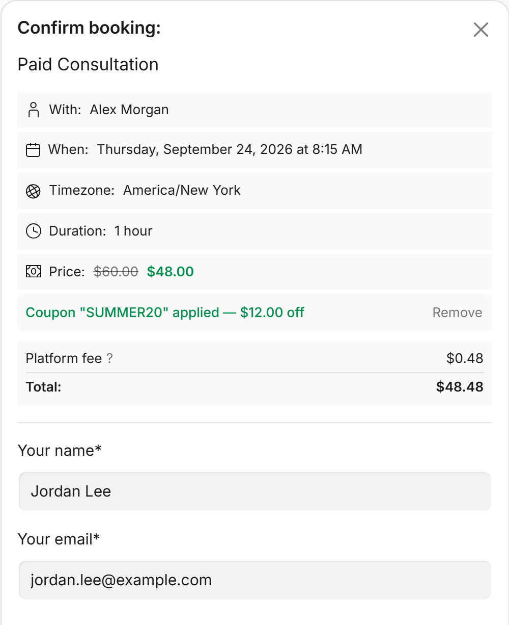 Confirm booking modal with SUMMER20 applied: 60 dollars struck through, 48 dollars in green, plus platform fee and total