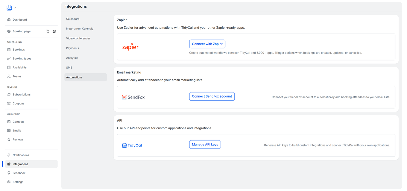 TidyCal Automations page showing Zapier, Email marketing, and API integration sections