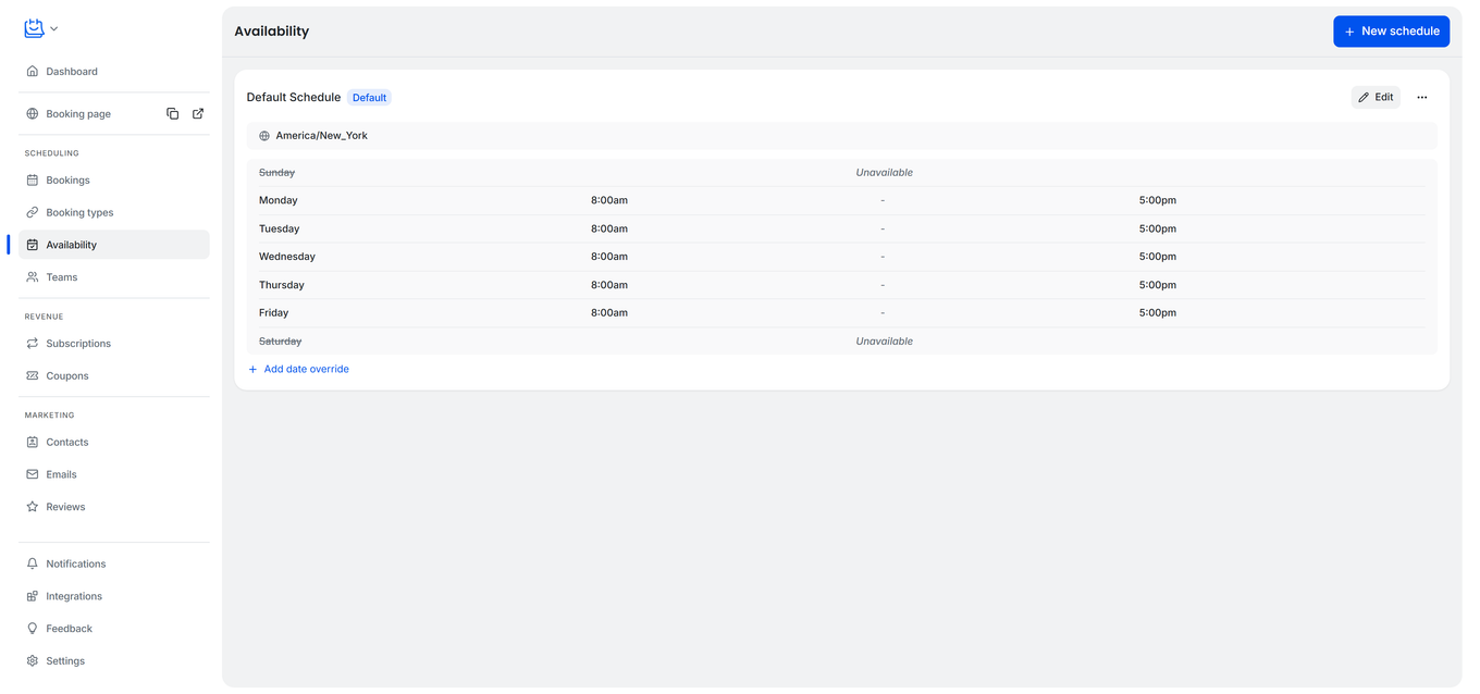 TidyCal Availability page showing Default Schedule with Monday to Friday 8am to 5pm hours