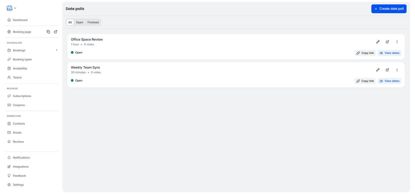 TidyCal Date Polls management page showing poll cards with status, votes, and filter controls