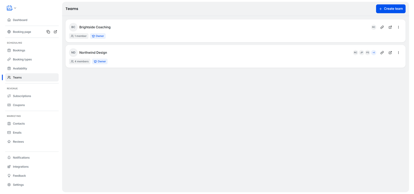 TidyCal Teams page showing two team cards with member counts, Owner badges, and the Create team button