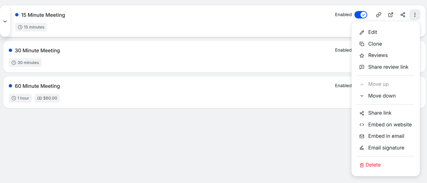 TidyCal booking type card menu showing Embed on website Embed in email and Email signature options