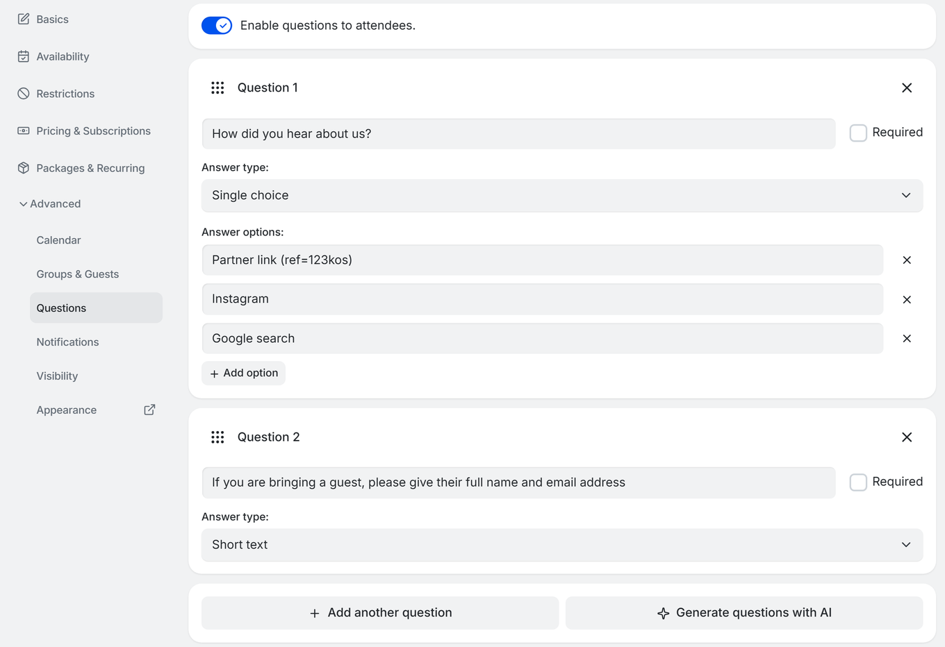TidyCal booking type editor Questions tab showing Generate questions with AI button