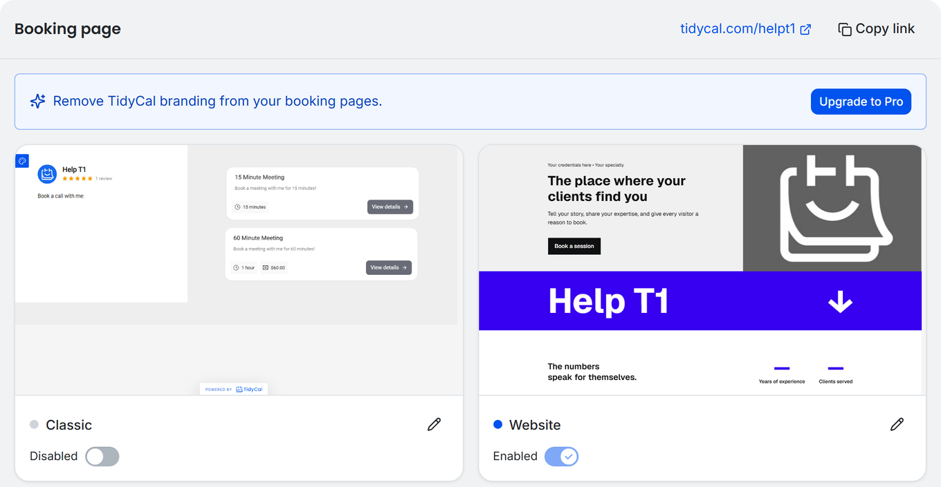 TidyCal Booking page showing the Classic and Website cards with their toggle switches