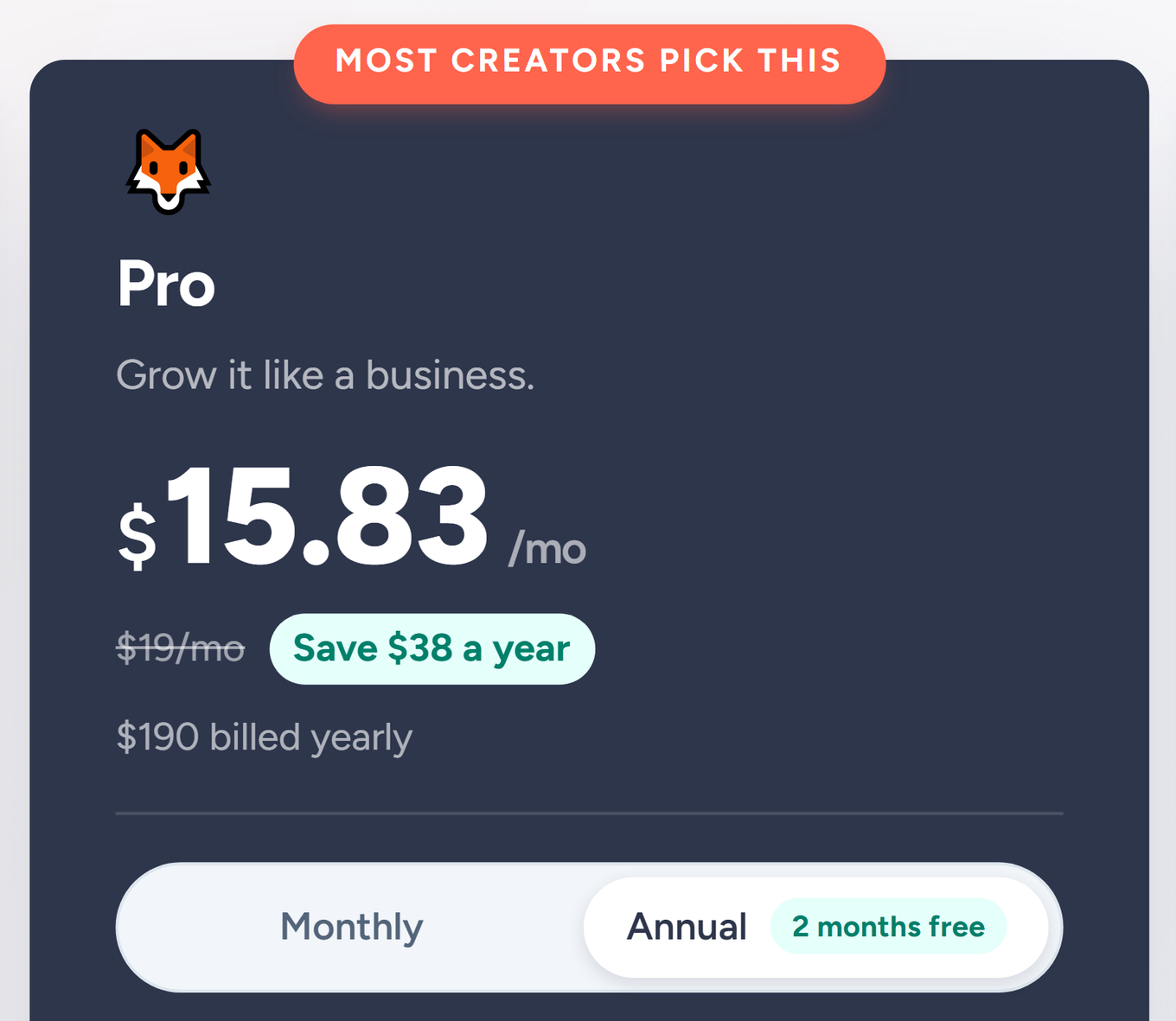 SendFox pricing page Pro card with the billing cycle set to Annual: $15.83 a month, $190 billed yearly