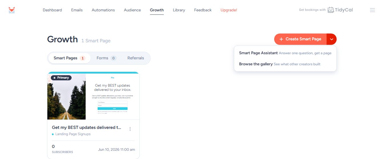 Growth Smart Pages page with the Create Smart Page menu open: Smart Page Assistant and Browse the gallery