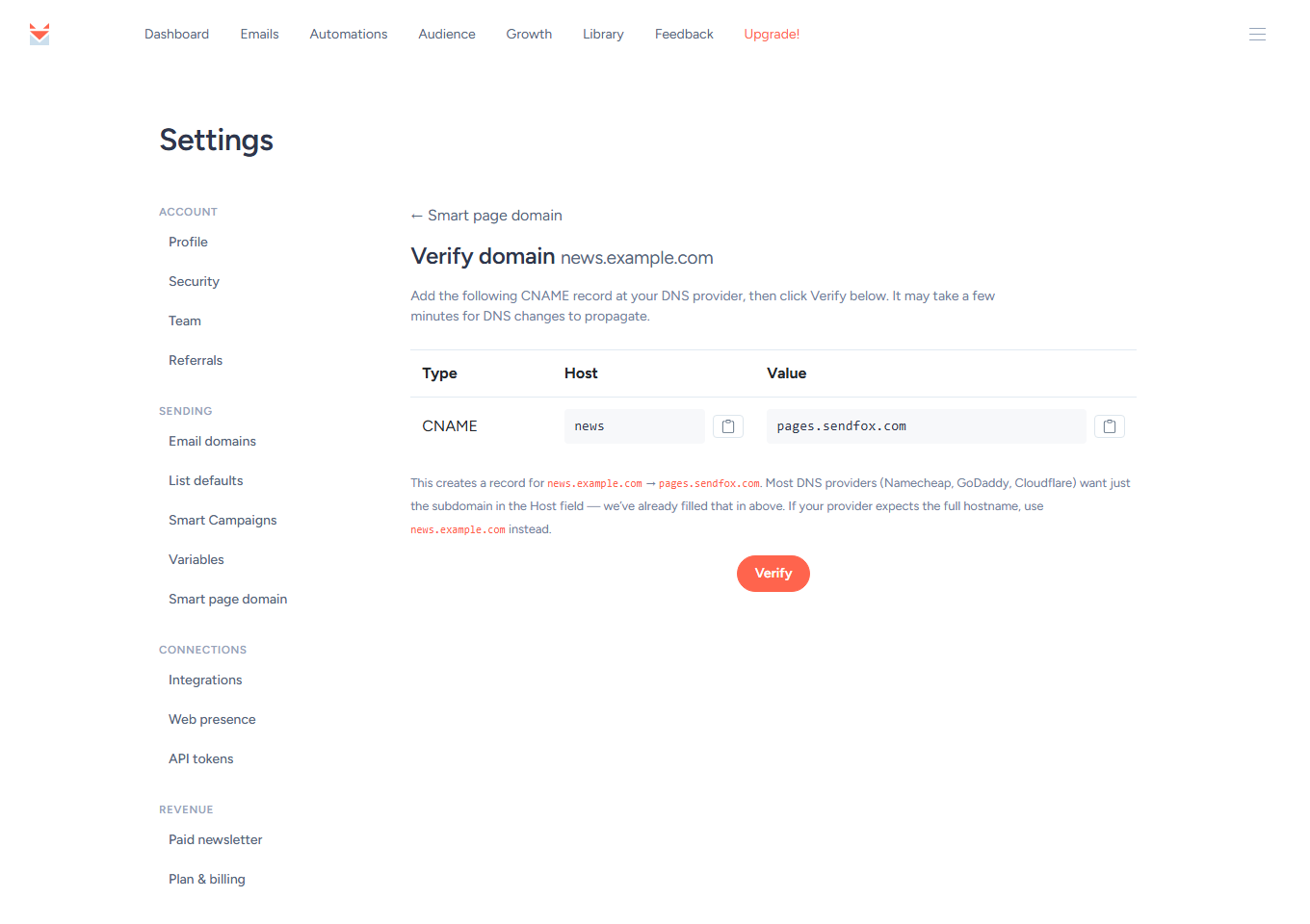 SendFox Verify domain page with the CNAME record (Host news, Value pages.sendfox.com) and the Verify button