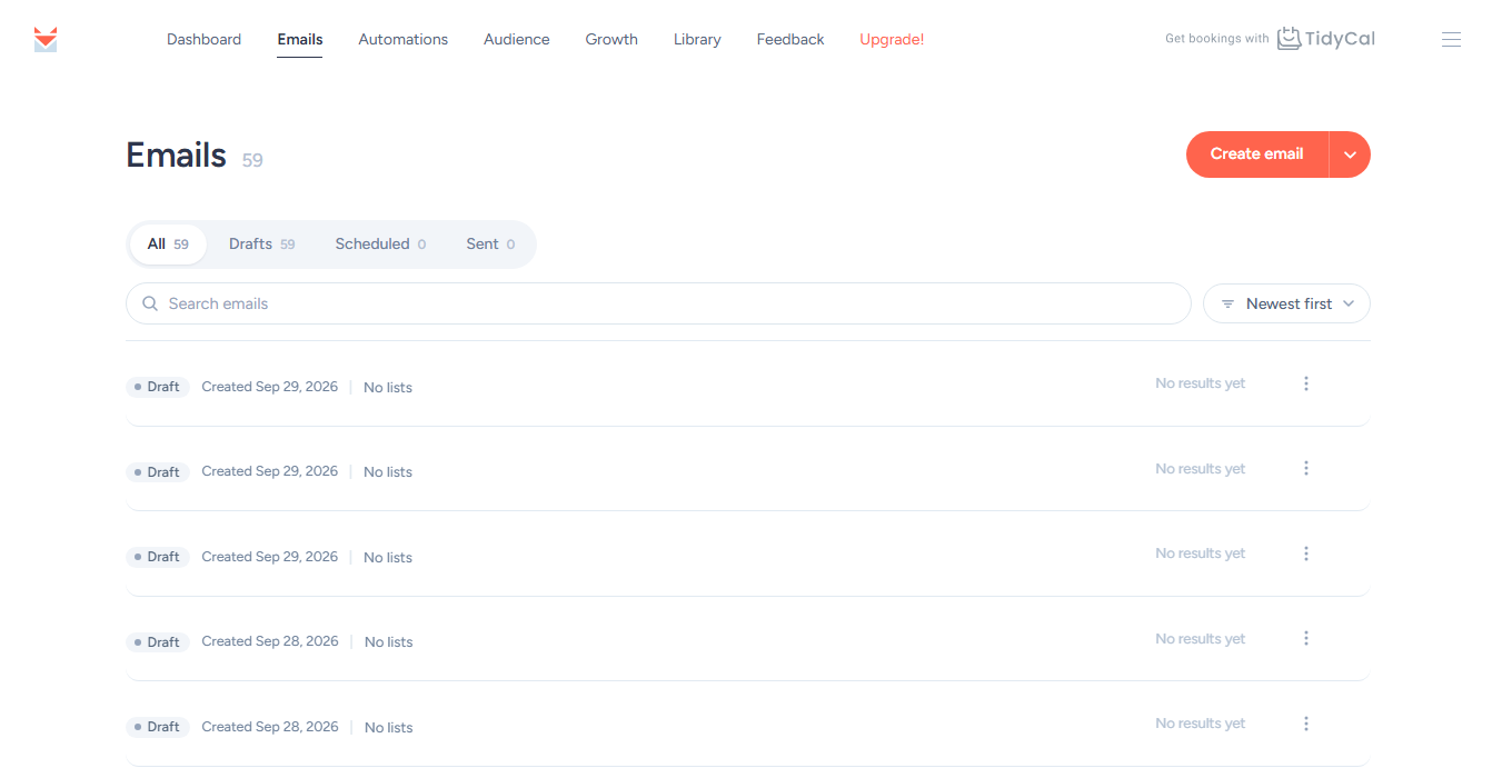 SendFox Emails page with the Create email button and the All, Drafts, Scheduled and Sent tabs