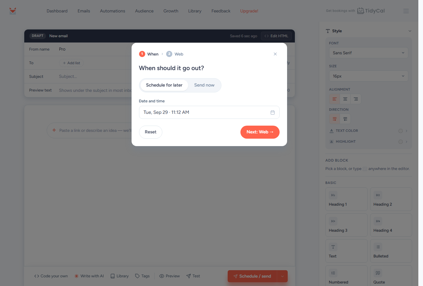 SendFox send window, When step: Schedule for later and Send now tabs, Date and time, and Next: Web