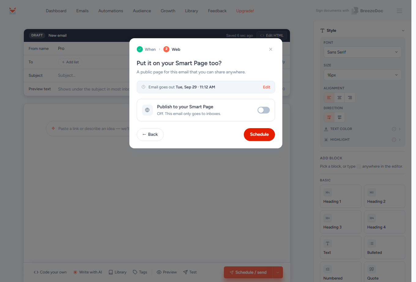 SendFox send window, Web step with the Publish to your Smart Page switch