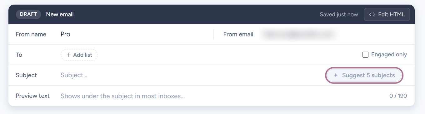 SendFox email editor Subject row with the Suggest 5 subjects button highlighted