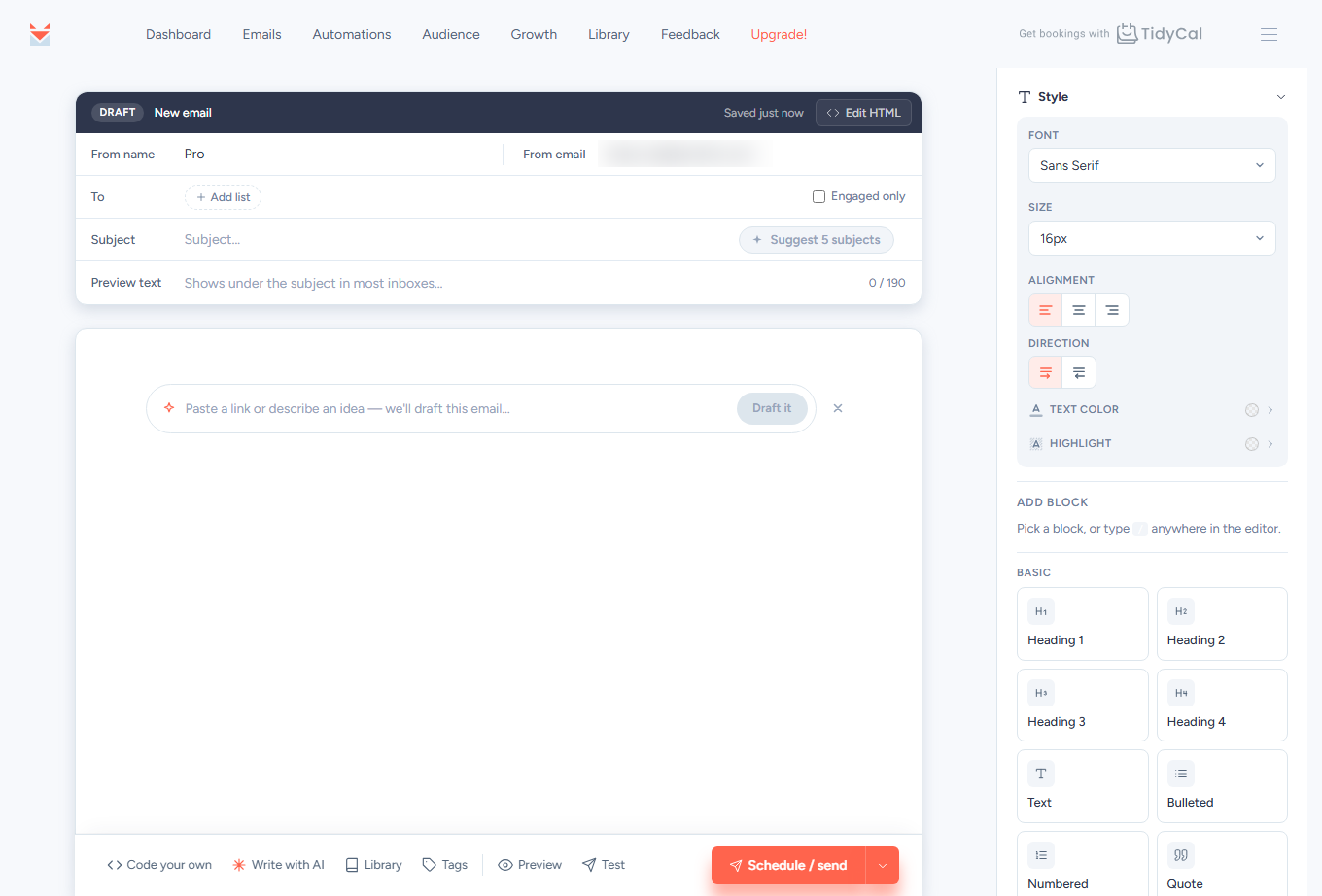 SendFox email editor with From, To, Subject and Preview text rows and the bottom toolbar incl. Write with AI