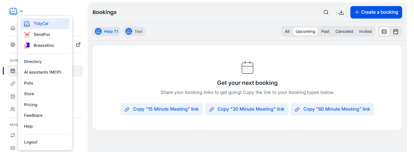 TidyCal logo dropdown open showing Directory, AI assistants (MCP), Polls, Store, Pricing, Feedback and Help