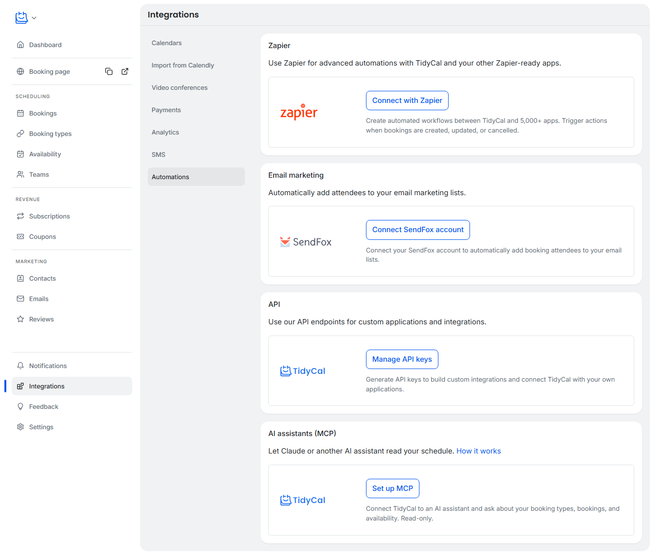 TidyCal Automations page showing the Zapier, Email marketing, API and AI assistants (MCP) sections