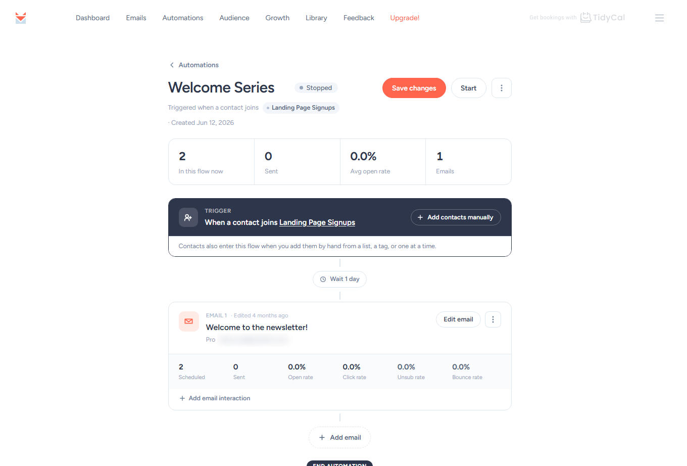 SendFox automation builder with the list trigger, Add contacts manually, a Wait 1 day step, an email and Add email