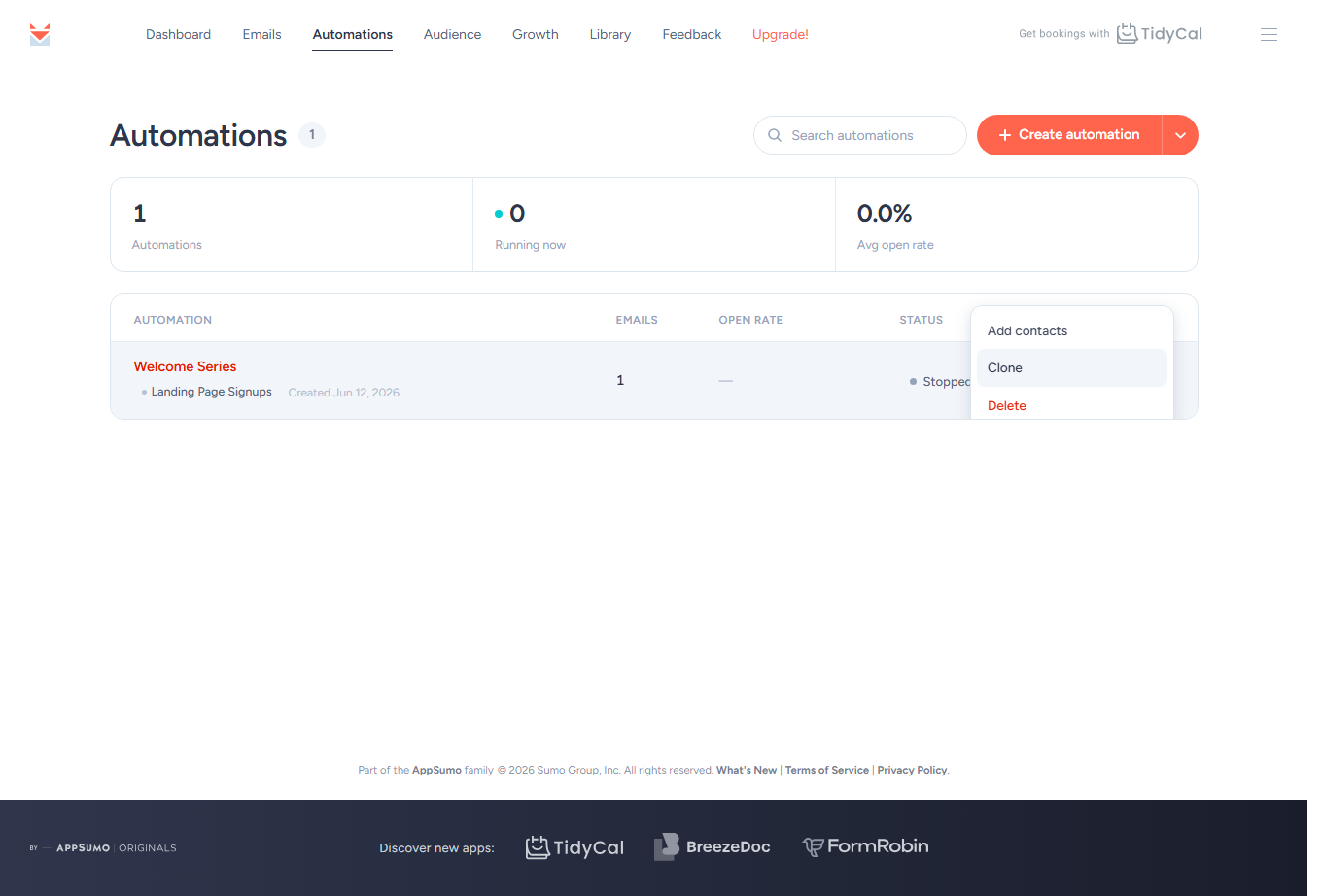 SendFox Automations page with an automation's menu open showing Add contacts, Clone and Delete
